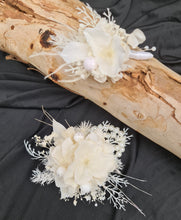 Load image into Gallery viewer, Boho white / off white preserved flowers corsage & buttonhole – wedding / school formal