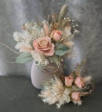 Load image into Gallery viewer, Double sage green, pink & champagne gold cake topper, cake flowers