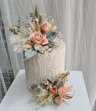 Load image into Gallery viewer, Double sage green, pink & champagne gold cake topper, cake flowers