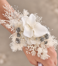 Load image into Gallery viewer, Off white w silver preserved flowers corsage & buttonhole – school formal