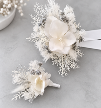 Load image into Gallery viewer, Off white w silver preserved flowers corsage & buttonhole – school formal