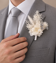 Load image into Gallery viewer, Off white w silver preserved flowers corsage & buttonhole – school formal