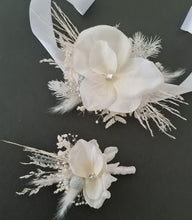 Load image into Gallery viewer, Boho everlasting flowers corsage white w silver & crystals – school prom