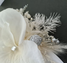 Load image into Gallery viewer, Boho everlasting flowers corsage white w silver & crystals – school prom
