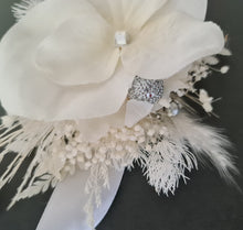 Load image into Gallery viewer, Boho everlasting flowers corsage white w silver & crystals – school prom