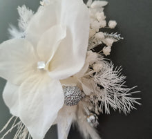 Load image into Gallery viewer, Boho everlasting flowers corsage white w silver & crystals – school prom