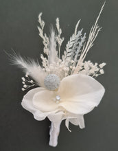 Load image into Gallery viewer, Boho everlasting flowers corsage white w silver & crystals – school prom