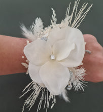 Load image into Gallery viewer, Boho everlasting flowers corsage white w silver & crystals – school prom