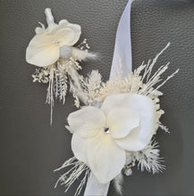 Load image into Gallery viewer, Boho everlasting flowers corsage white w silver & crystals – school prom