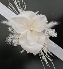 Load image into Gallery viewer, Boho everlasting flowers corsage white w silver & crystals – school prom