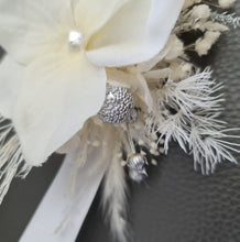 Load image into Gallery viewer, Boho everlasting flowers corsage white w silver & crystals – school prom
