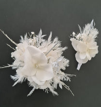 Load image into Gallery viewer, Boho everlasting flowers corsage white & off white w silver & pearl bracelet– wedding / school formal