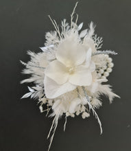 Load image into Gallery viewer, Boho everlasting flowers corsage white & off white w silver & pearl bracelet– wedding / school formal