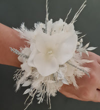Load image into Gallery viewer, Boho everlasting flowers corsage white & off white w silver & pearl bracelet– wedding / school formal