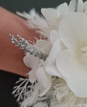Load image into Gallery viewer, Boho everlasting flowers corsage white & off white w silver & pearl bracelet– wedding / school formal