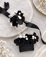 Load image into Gallery viewer, Black & white everlasting flowers corsage & pocket flowers – wedding / school formal