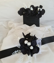 Load image into Gallery viewer, Black & white everlasting flowers corsage & pocket flowers – wedding / school formal