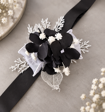 Load image into Gallery viewer, Black & white everlasting flowers corsage & pocket flowers – wedding / school formal