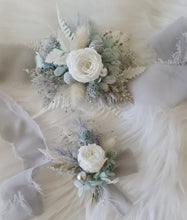 Load image into Gallery viewer, Mini preserved peony corsage & buttonhole – baby blue, grey, white – school formal