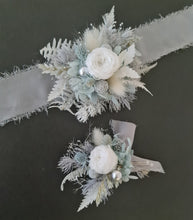 Load image into Gallery viewer, Mini preserved peony corsage & buttonhole – baby blue, grey, white – school formal