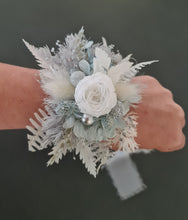 Load image into Gallery viewer, Mini preserved peony corsage & buttonhole – baby blue, grey, white – school formal