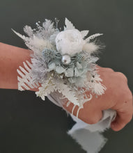 Load image into Gallery viewer, Mini preserved peony corsage & buttonhole – baby blue, grey, white – school formal