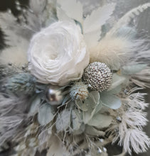 Load image into Gallery viewer, Mini preserved peony corsage & buttonhole – baby blue, grey, white – school formal