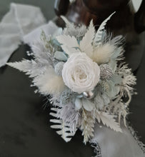 Load image into Gallery viewer, Mini preserved peony corsage & buttonhole – baby blue, grey, white – school formal