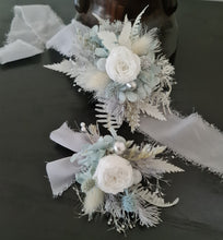 Load image into Gallery viewer, Mini preserved peony corsage & buttonhole – baby blue, grey, white – school formal