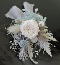 Load image into Gallery viewer, Mini preserved peony corsage & buttonhole – baby blue, grey, white – school formal