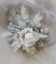 Load image into Gallery viewer, Mini preserved rose corsage & buttonhole – baby blue, grey, white – school formal