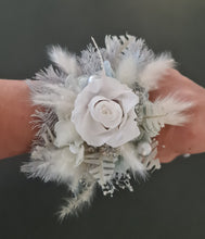 Load image into Gallery viewer, Mini preserved rose corsage & buttonhole – baby blue, grey, white – school formal