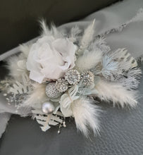 Load image into Gallery viewer, Mini preserved rose corsage & buttonhole – baby blue, grey, white – school formal