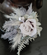 Load image into Gallery viewer, Mini preserved rose corsage & buttonhole – baby blue, grey, white – school formal