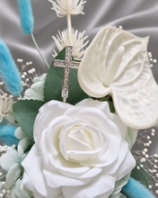Load image into Gallery viewer, Double soft blue / green floral cake topper – Christening, Baptism, Holly Communion