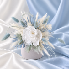Load image into Gallery viewer, Baby blue & white preserved flowers cake topper - Christening, baptism, baby shower