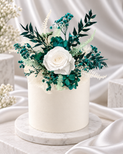 Load image into Gallery viewer, Emerald & white preserved flowers cake topper