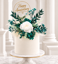 Load image into Gallery viewer, Emerald & white preserved flowers cake topper