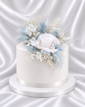 Load image into Gallery viewer, Soft blue & white preserved flowers cake topper - Christening, baptism, baby shower