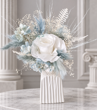 Load image into Gallery viewer, Soft blue & white preserved flowers cake topper - Christening, baptism, baby shower