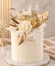 Load image into Gallery viewer, Champagne gold & white Happy Birthday Floral cake topper
