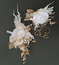 Load image into Gallery viewer, Double Preserved flowers white & gold cake topper w hearts – Wedding, engagement, anniversary