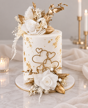 Load image into Gallery viewer, Double Preserved flowers white & gold cake topper w hearts – Wedding, engagement, anniversary