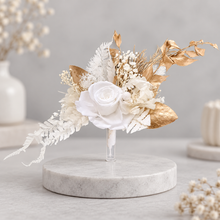 Load image into Gallery viewer, Double Preserved flowers white & gold cake topper w hearts – Wedding, engagement, anniversary