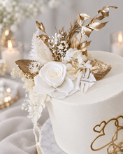 Load image into Gallery viewer, Double Preserved flowers white & gold cake topper w hearts – Wedding, engagement, anniversary