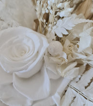 Load image into Gallery viewer, Double Preserved flowers white & gold cake topper w hearts – Wedding, engagement, anniversary