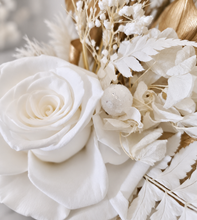 Load image into Gallery viewer, Double Preserved flowers white & gold cake topper w hearts – Wedding, engagement, anniversary