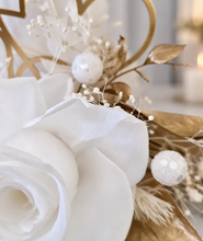Load image into Gallery viewer, Double Preserved flowers white & gold cake topper w hearts – Wedding, engagement, anniversary