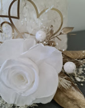 Load image into Gallery viewer, Double Preserved flowers white & gold cake topper w hearts – Wedding, engagement, anniversary