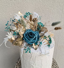 Load image into Gallery viewer, Everlasting flowers Floral cake topper – emerald, gold & white